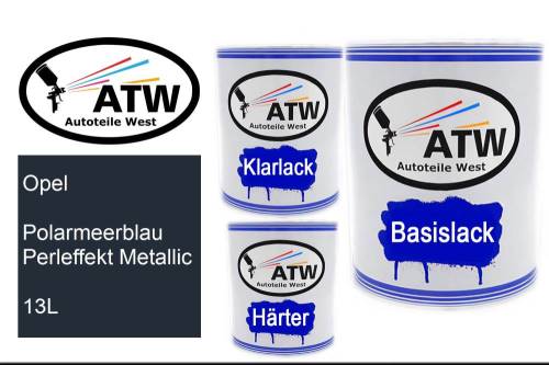 Opel, Polarmeerblau Perleffekt Metallic, 13L: 1L Lackdose + 1L Klarlack + 500ml Härter - Set, von ATW Autoteile West.